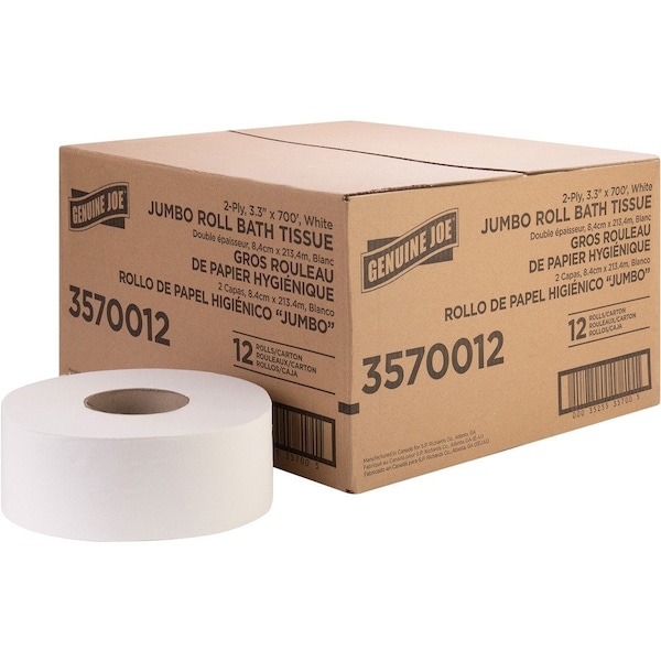 Genuine Joe Jumbo Jr Dispenser Bath Tissue Roll - 2 Ply - 3.3in x 700' - 8.88in Roll Diameter - White, 12PK GJO3570012 - main